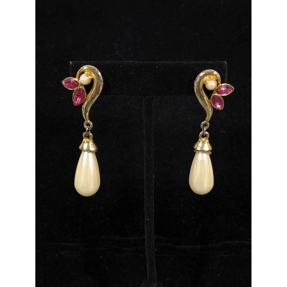 Vintage Faux Pearl Pink Rhinestone Drop Earrings Gold Tone Dangle